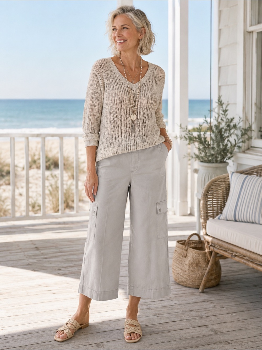 Chico’s Pull-On Cargo Wide Crop Pants Smokey Taupe Khaki Size 1.5 (US 10) NWT - Picture 1 of 6